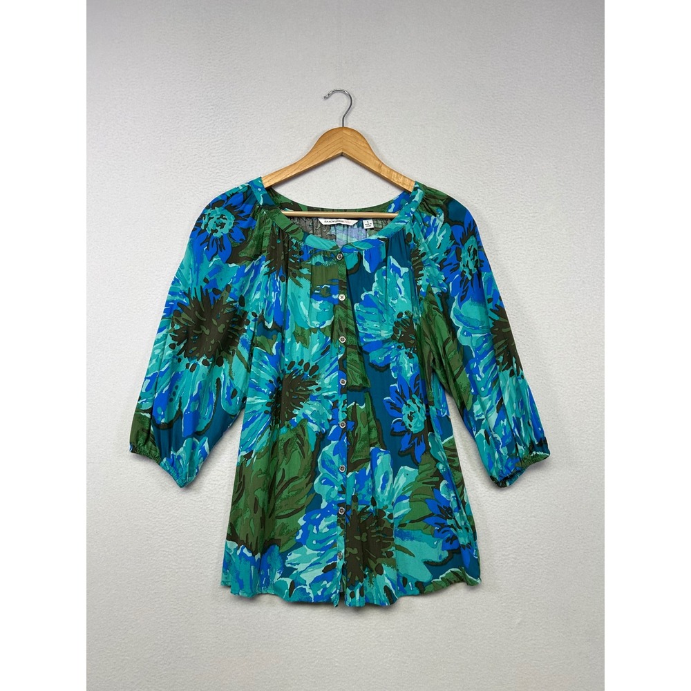 Boho Tropical Isaac Mizrahi Live! Womens S Blue Green Floral Button Front Blouse